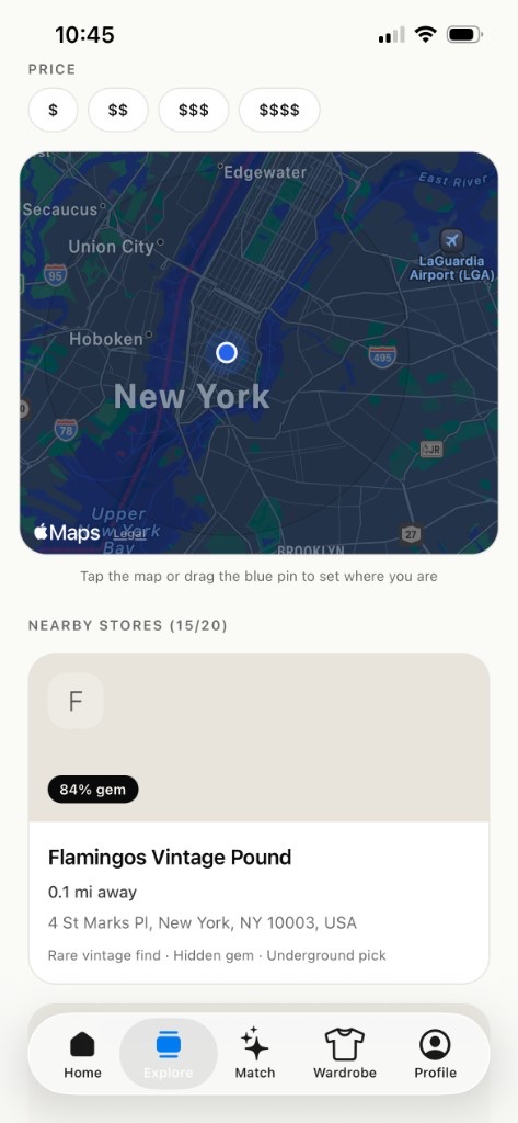 rroom Explore screen showing nearby boutiques on a map in New York
