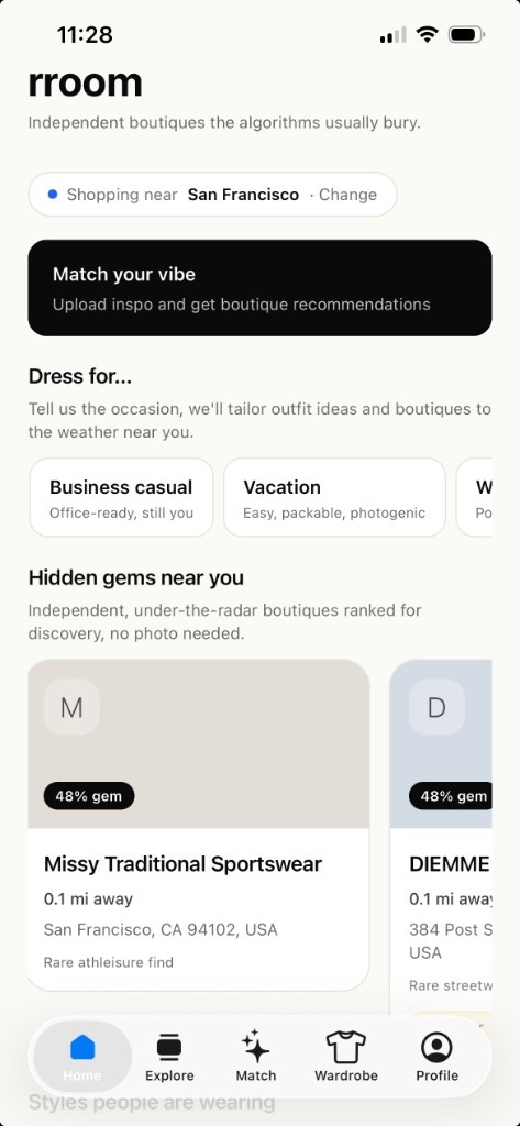 rroom Home screen showing occasion picks and hidden-gem boutiques near San Francisco
